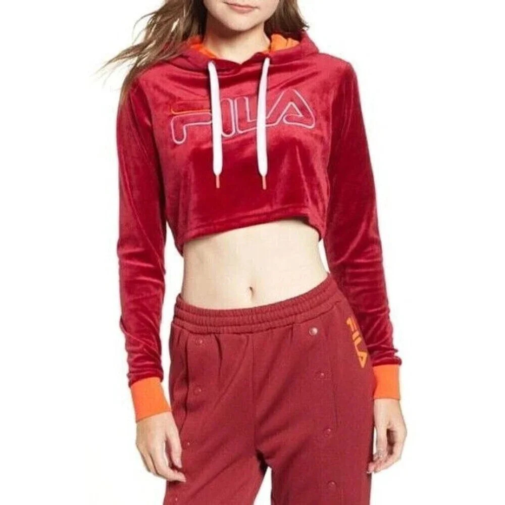 FILA Crop Hoodie Womens Red Orange Small Velour Tibetan Cherry Fall New